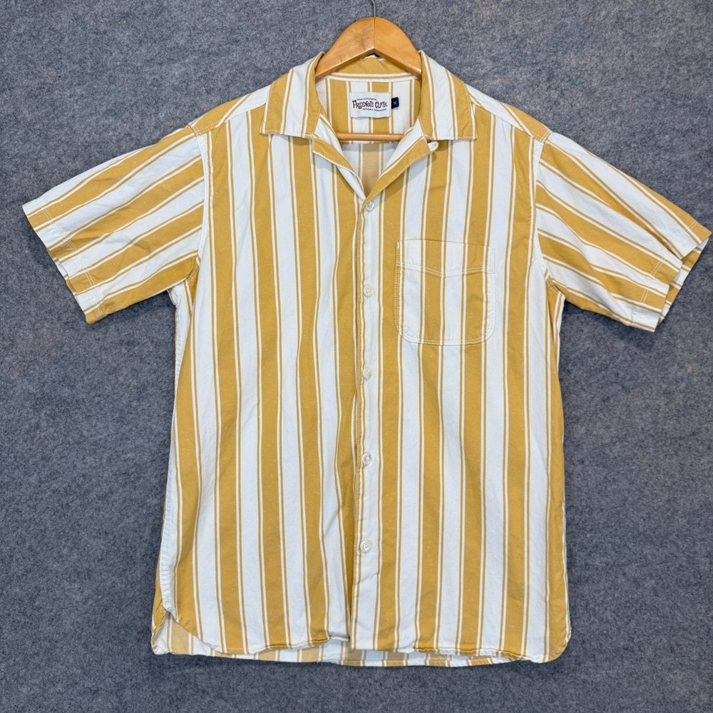 Freenote Cloth Hawaiian Shirt Mens Medium Camp Loop Gold Stripe Pocket Aloha Tee